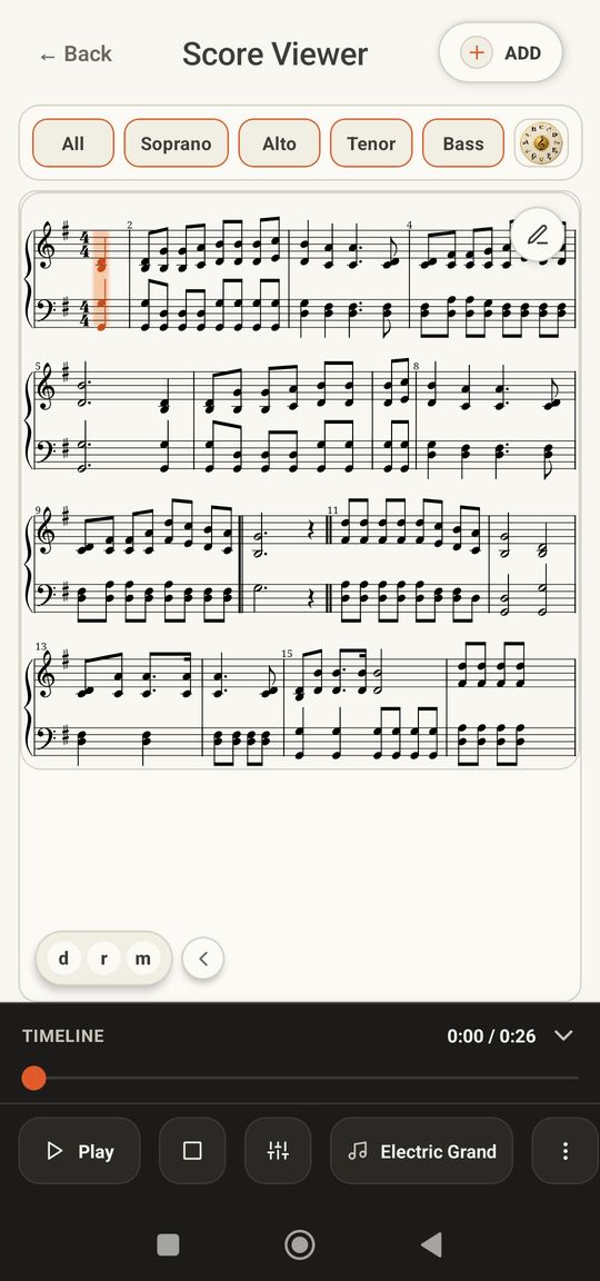Music Eye score viewer with Soprano, Alto, Tenor and Bass buttons